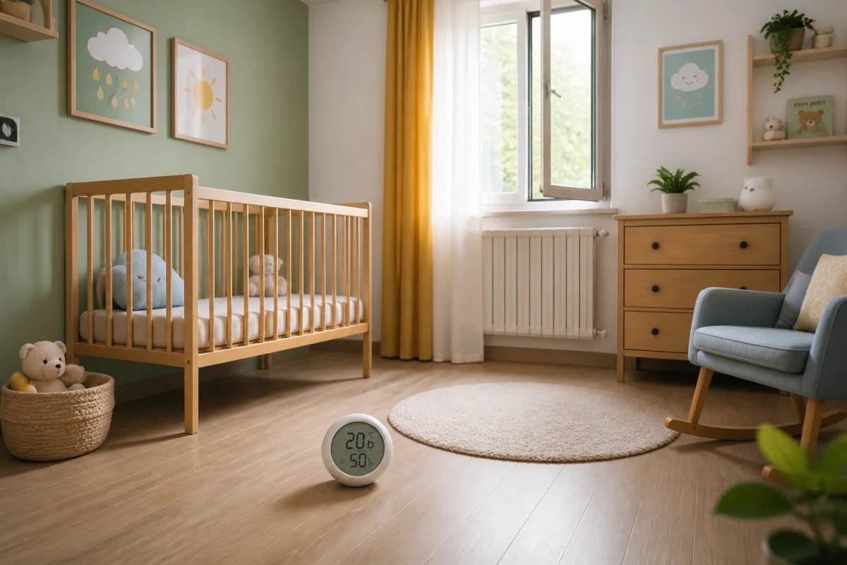 Chambre de bébé lumineuse avec lit éloigné de la fenêtre, thermomètre central et ventilation saine indirecte